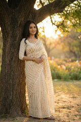 White Banarasi Cotton Silk Saree with Gold Zari Vertical Stripes