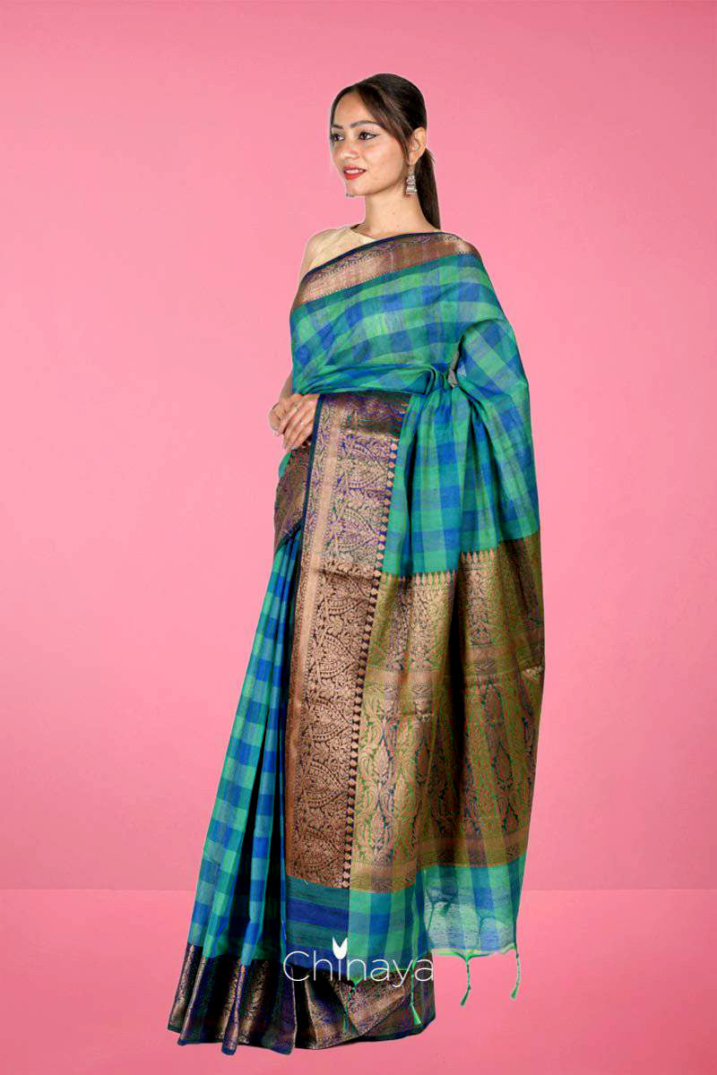 Blue Check Woven Banarasi Cotton Saree