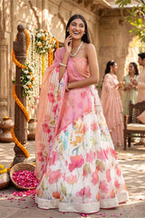Pink & White Floral Printed Organza Silk Lehenga