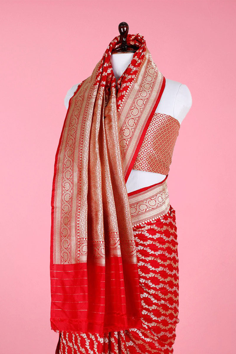 Chilly Red Handwoven Banarasi Katan Silk Saree - Chinaya Banaras