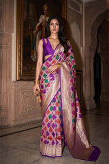 Woman draped in a Purple Banarasi Katan Silk Saree featuring vibrant multicolored Rangkat checks and intricate water gold zari floral weaving