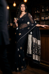 Black Georgette Khaddi Saree with Gold Zari Polka Dots