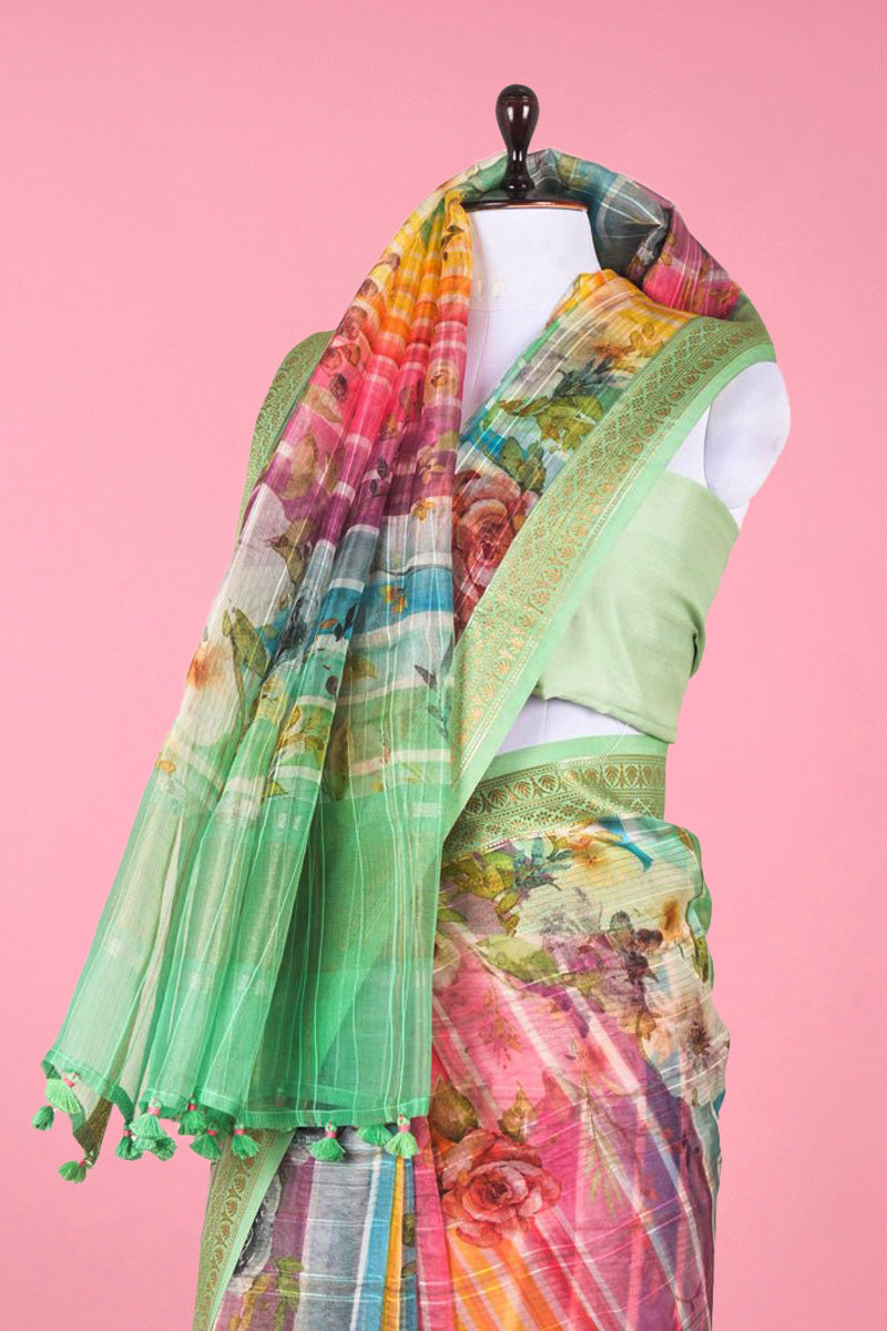 Multicolor Floral Digital Printed Organza Silk Saree