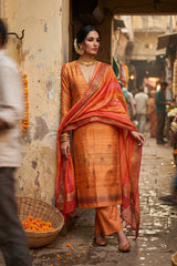 Coral Peach Handwoven Tussar Silk Co-ord  Dress Material