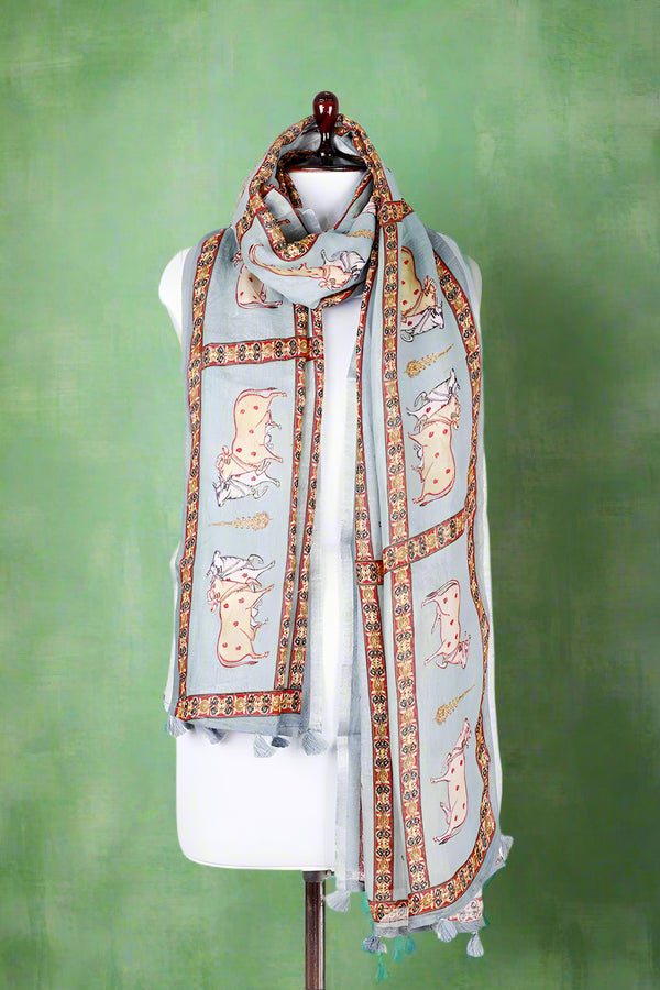 Powder Blue Pichwai Printed Linen Dupatta