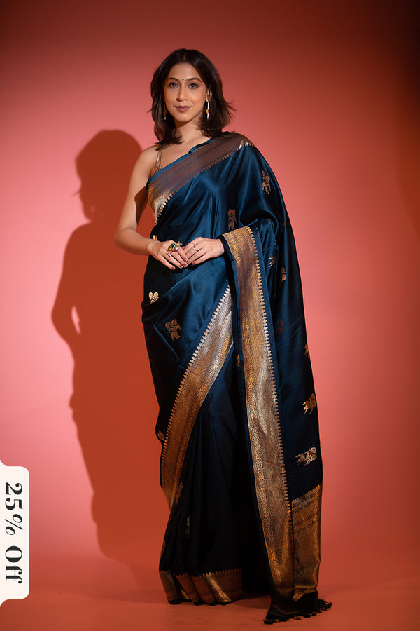 German Blue Handloom Satin Silk Banarasi Saree