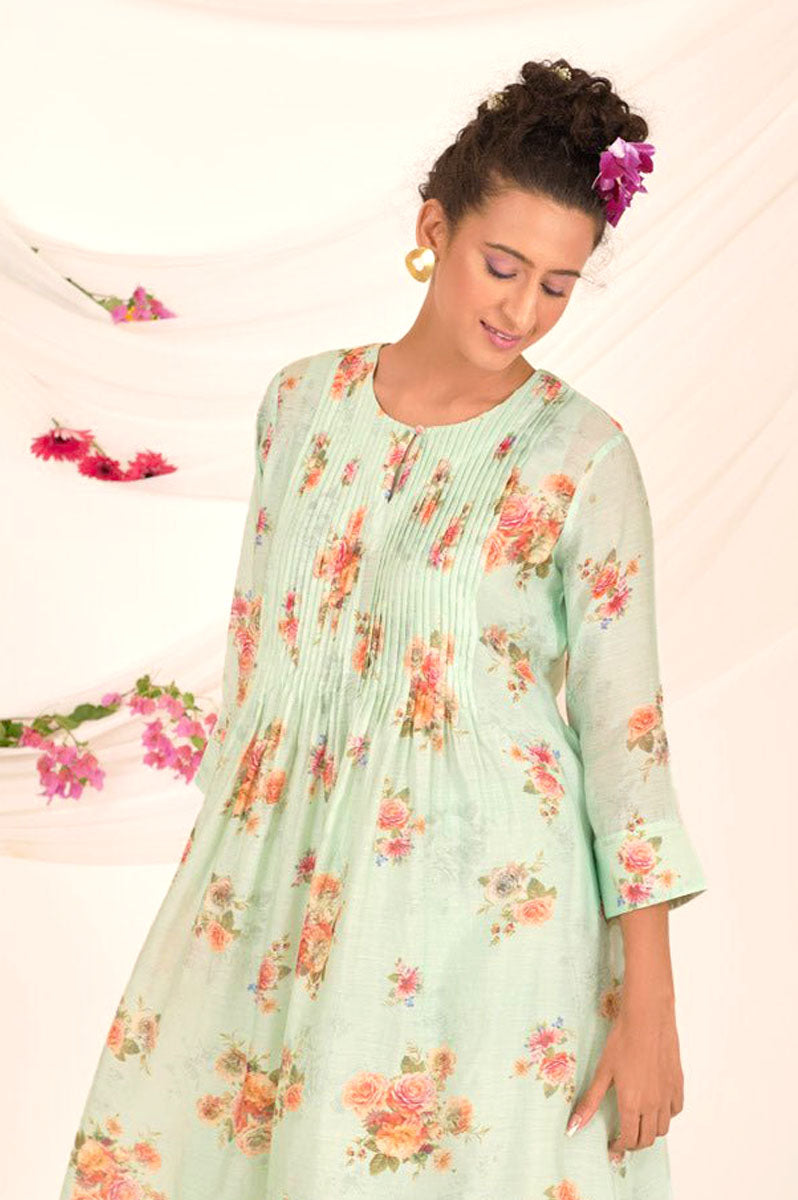 Sea Green Floral Printed Modal Kurta Set - Chinaya Banaras