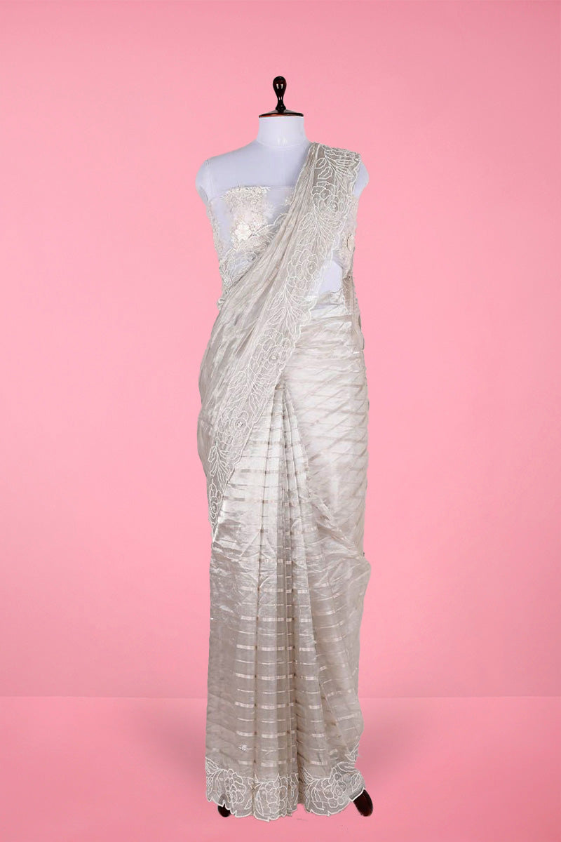 Grey Embellished Tissue Silk Saree By Chinaya Banaras