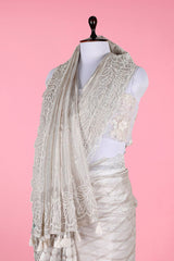 Silver Grey Embellished Tissue Silk Saree - Chinaya Banaras