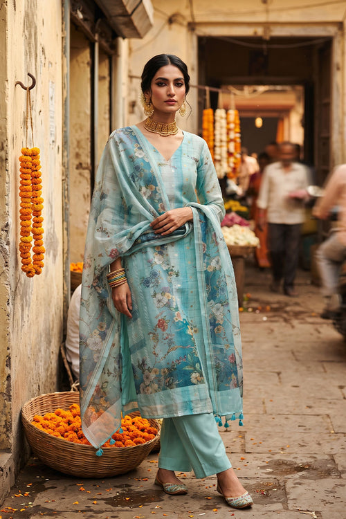 Aqua Blue Floral Printed Organza Silk Dress Material