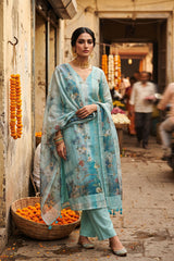 Aqua Blue Floral Printed Organza Silk Dress Material