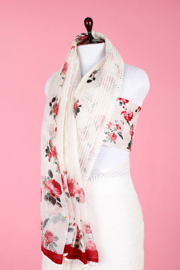Snowy White Chikankari Embroidered Organza Silk Saree