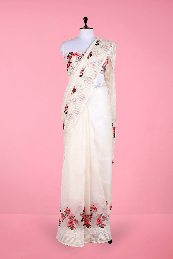 White Chikankari Embroidered Organza Silk Saree By Chinaya Banaras