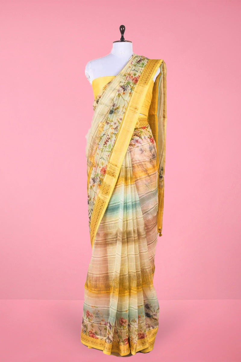 Yellow Digital Printed Organza Silk Saree By Chinaya Banaras