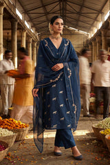 Gold zari woven ethnic ashva motif on Dark Blue Chiniya silk unstitched suit set with an embroidered organza dupatta.