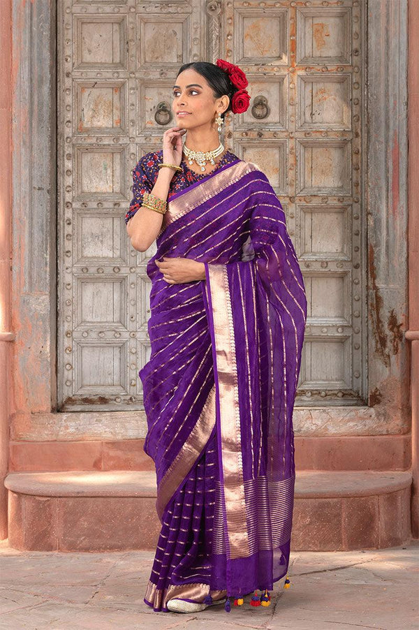 Women In Violet Handwoven Organza Silk Saree At Chinaya Banaras