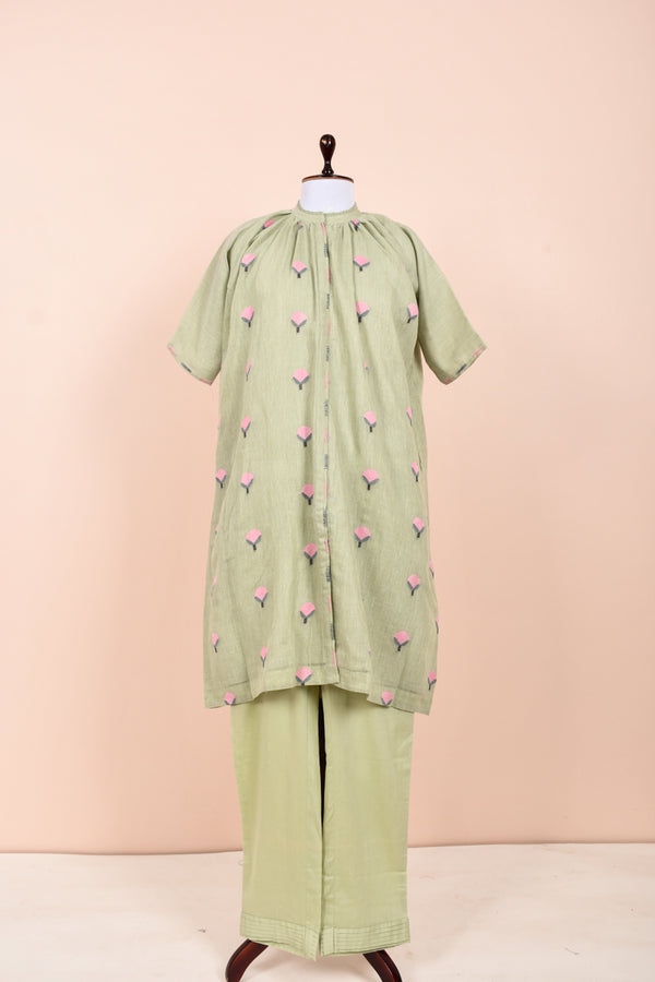 Sage Green Woven Cotton Kurta Set By Chinaya Banaras 
