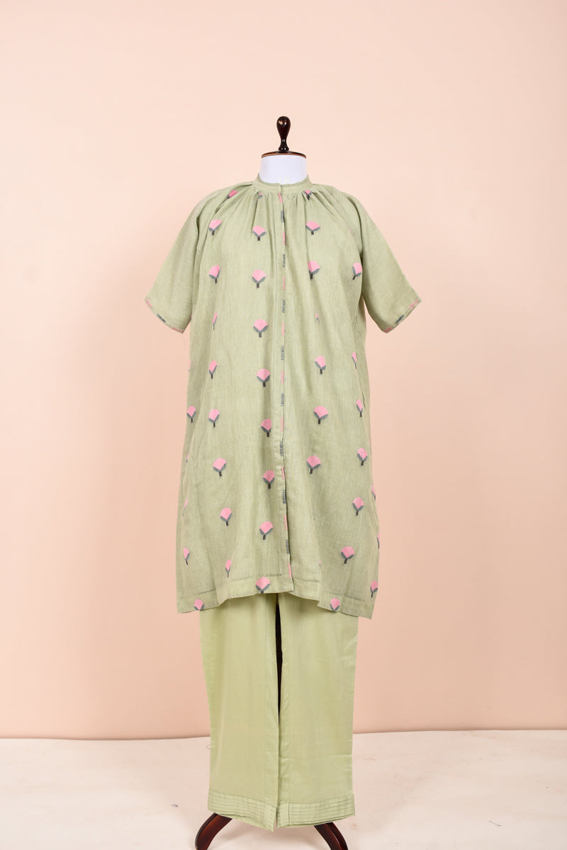 Sage Green Woven Cotton Kurta Set By Chinaya Banaras 