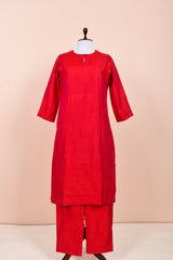 Raspberry Red Woven Raw Silk Kurta Set  By Chinaya Banaras 