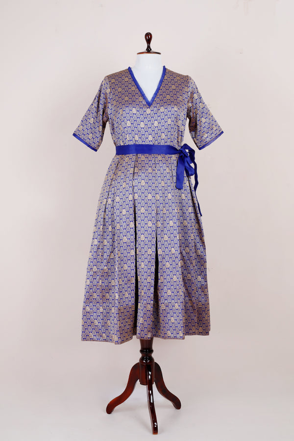 Navy Blue Woven Brocade Banarasi Silk Dress By Chinaya Banaras 