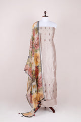 Grey Kantha Embroidered Chiniya Silk Dress Material