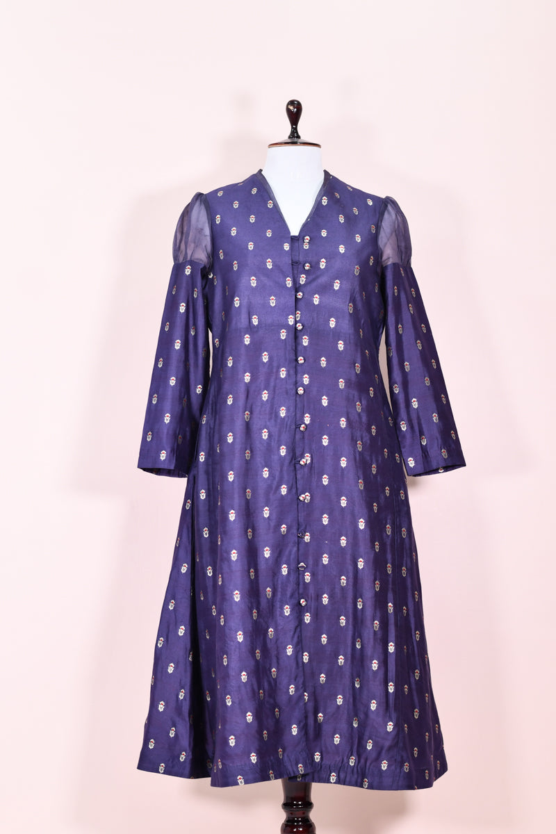 Indigo Handwoven Mulberry Silk Dress By Chinaya Banaras 