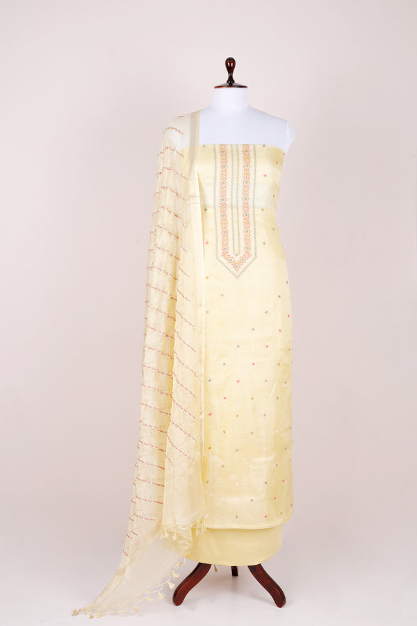 Yellow Embroidered Kota Doria Suit Set At Chinaya Banaras
