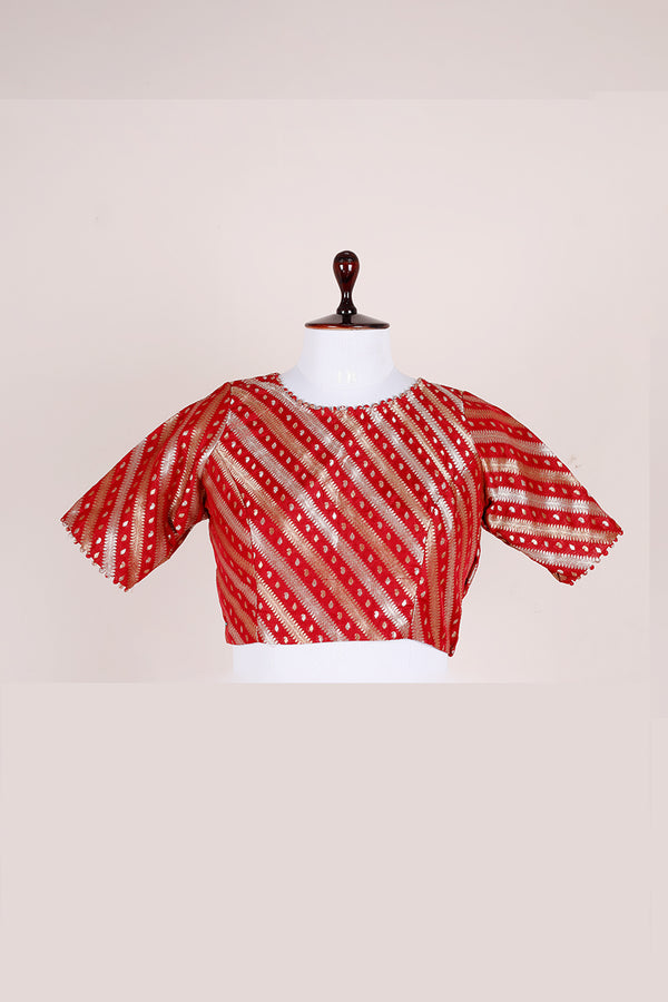 Red Striped Handwoven Banarasi Silk Blouse Material At Chinaya Banaras