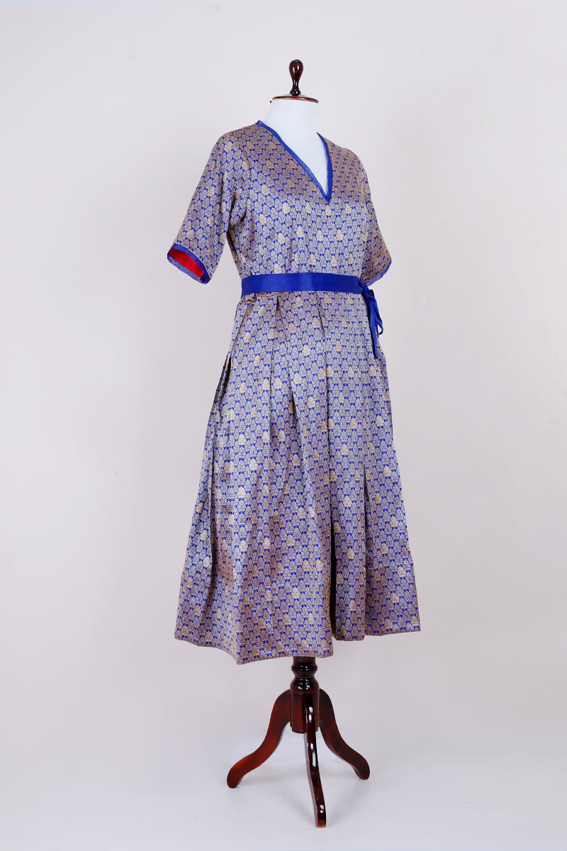 Navy Blue Woven Brocade Banarasi Silk  Dress