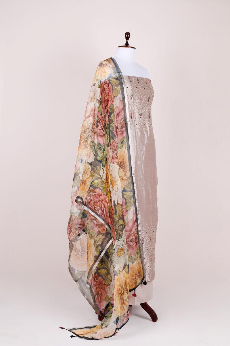 Grey Kantha Embroidered Chiniya Silk Dress Material