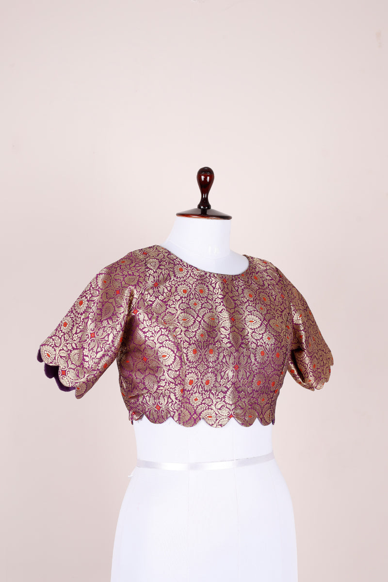 Voilet Hand Woven Banarasi Silk Blouse On Mannequin