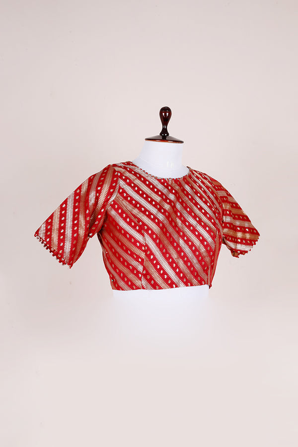 Red Striped Handwoven Banarasi Silk Blouse - Chinaya Banaras