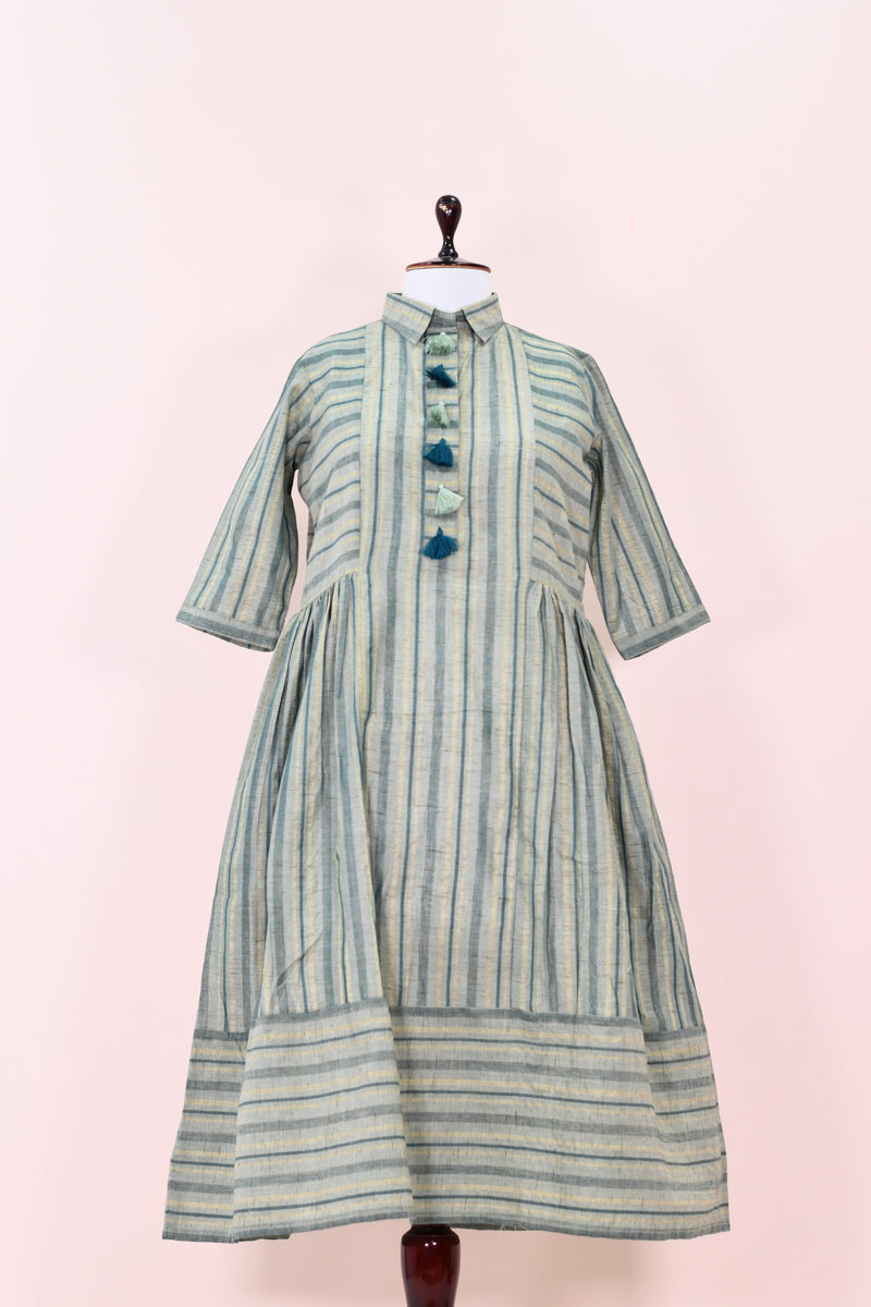 Tiffany Blue Striped Woven Cotton Dress By Chinaya  Banaras 