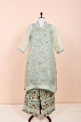 Sea Green Floral Printed Chanderi & Organza Silk Kurta Set By Chinaya Banaras 