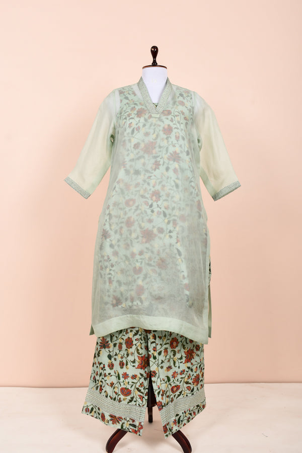 Sea Green Floral Printed Chanderi & Organza Silk Kurta Set By Chinaya Banaras 