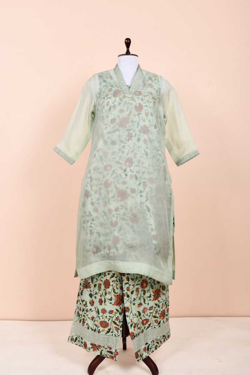 Sea Green Floral Printed Chanderi & Organza Silk Kurta Set By Chinaya Banaras 