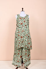 Sea Green Floral Printed Chanderi & Organza Silk Kurta Set