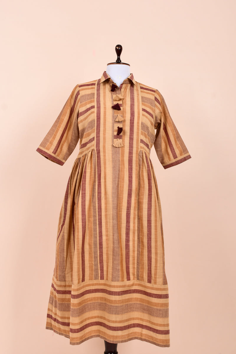 Hazelnut Brown Striped Woven Cotton Dress  By  Chinaya Banaras 