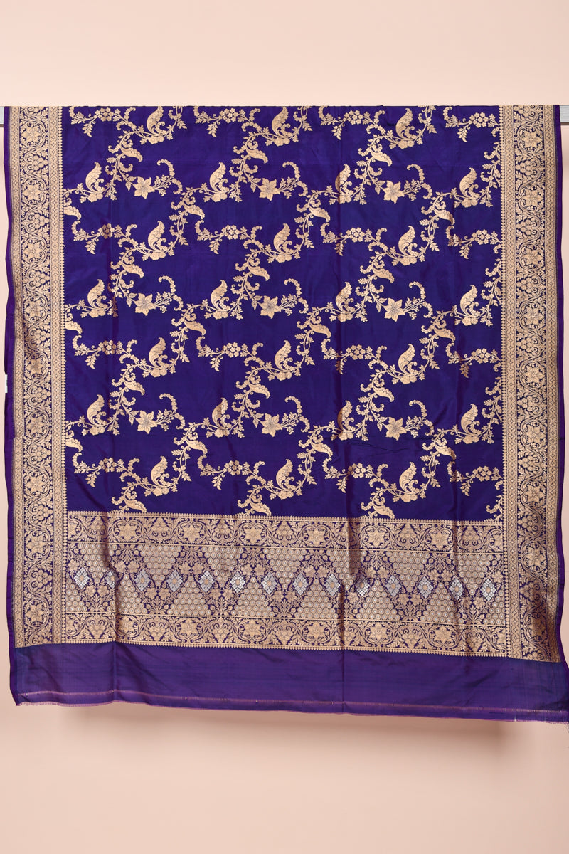 Navy Blue Handwoven Jaal Banarasi Silk Dupatta - Chinaya Banaras