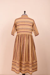 Hazelnut Brown Striped Woven Cotton Dress - Chinaya Banaras