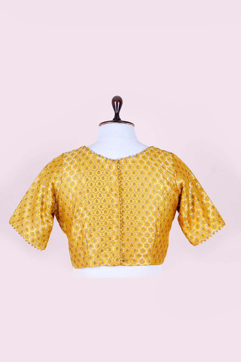 Yellow Geometrical Handwoven Banarasi Silk Blouse - Chinaya Banaras