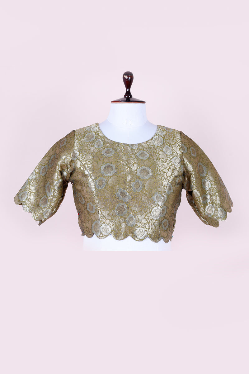 Henna Green Handwoven Banarasi Silk Blouse  By Chinaya Banaras 