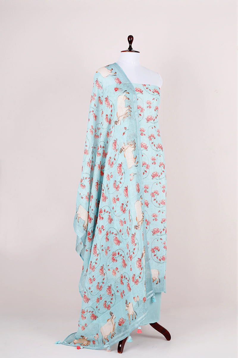 Sky Blue Pichwai Printed Linen Silk Dress Material - Chinaya Banaras