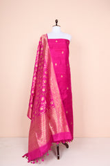 Gungun Uprari In Magenta Pink Kadhwa Weave Raw Silk Co-ord Dress Material - Chinaya Banaras