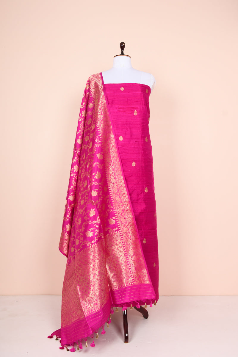 Magenta Pink Kadhwa Weave Raw Silk Co-ord Dress Material