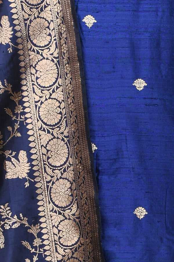 Navy Blue Kadhwa Weave Raw Silk Co-Ord Dress Material - Chinaya Banaras