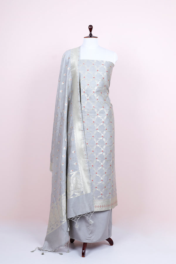 Silver Handwoven Mulberry Silk Suit Set At Chinaya Banaras