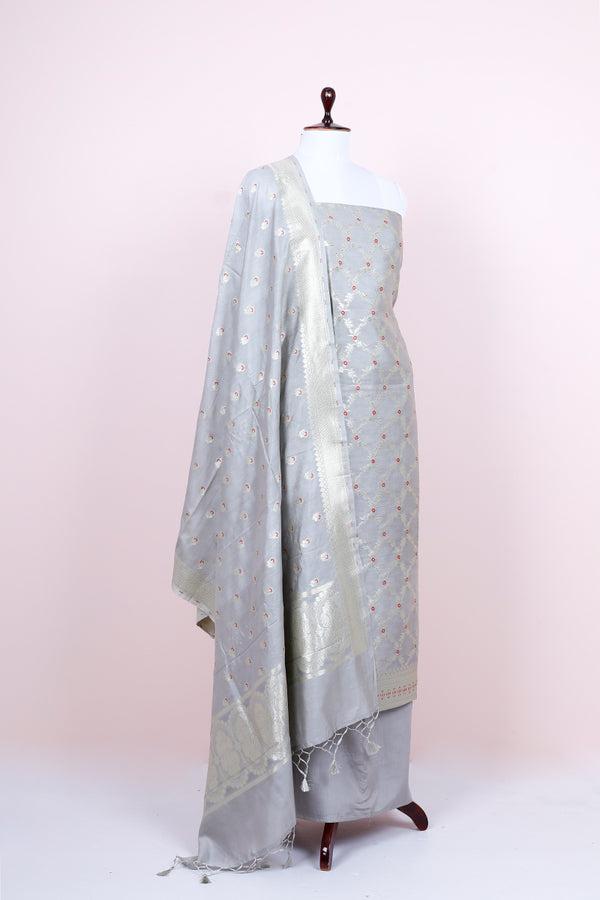 Silver Slush Handwoven Mulberry Silk Dress Material - Chinaya Banaras