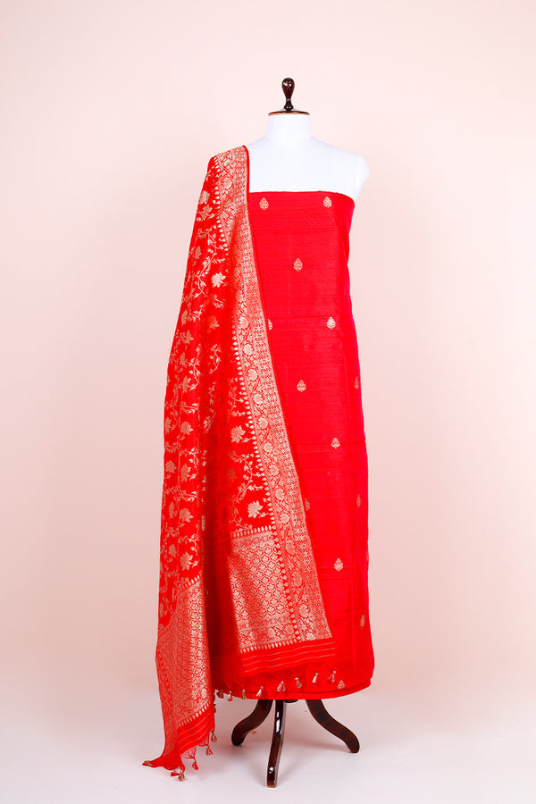 Red Handwoven Raw Silk Suit Set At Chinaya Banaras