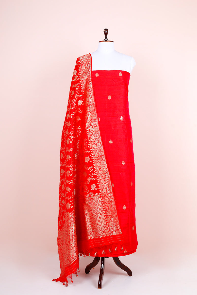  Deep Red Handwoven Raw Silk Suit Drapped on Dummy by Chinaya Banaras